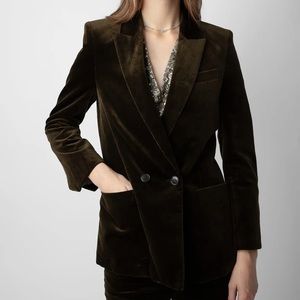 NWOT  Zadig&Voltaire Visko Velvet Blazer In Kaki, Size 36